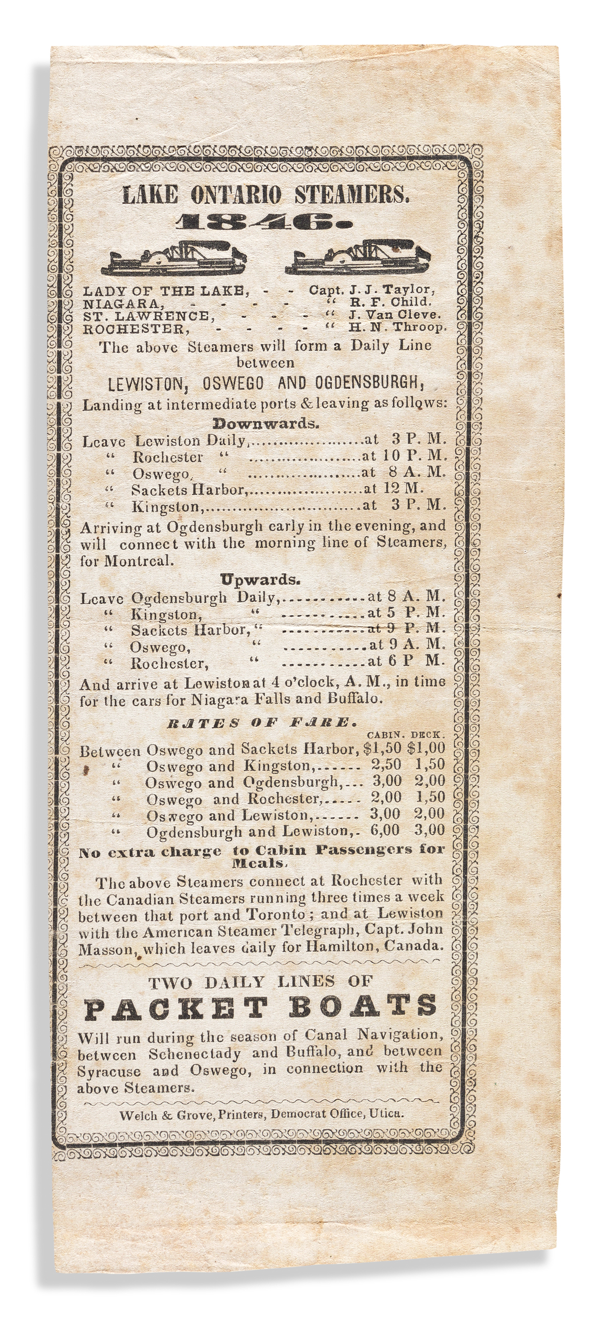 (NEW YORK.) Time-table, fare schedule and information sheet for travel on Lake Ontario in 1846.